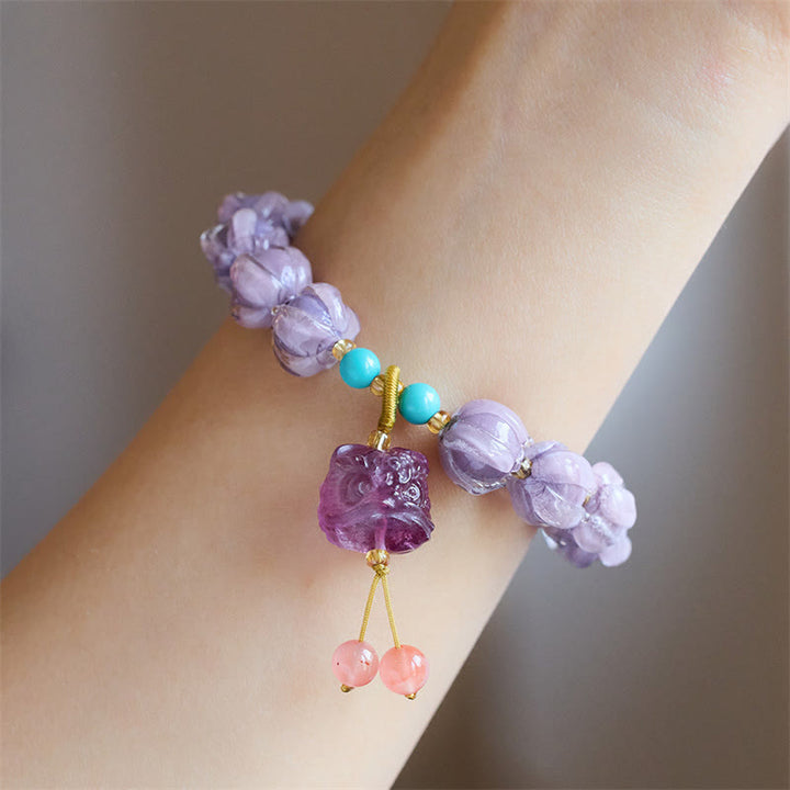 Buddha Stones Liuli Glass Bead Lotus Design Fluorite Ivory Fruit Dancing Lion Charm Enlightenment Bracelet - image 2