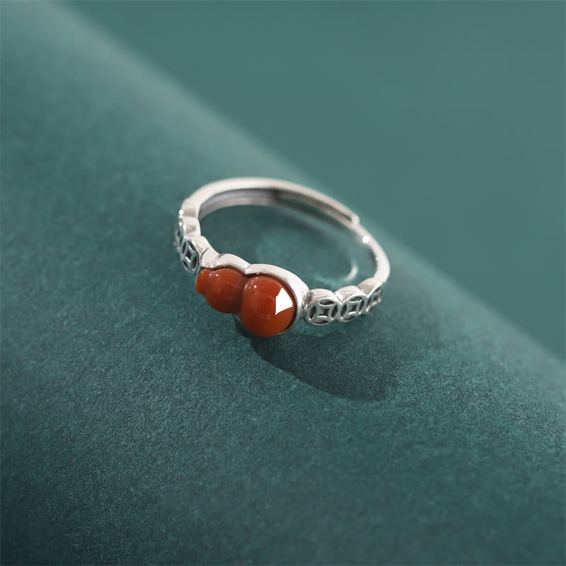 Buddha Stones 925 Sterling Silver Red Agate Gourd Copper Coin Self-acceptance Ring - image 1