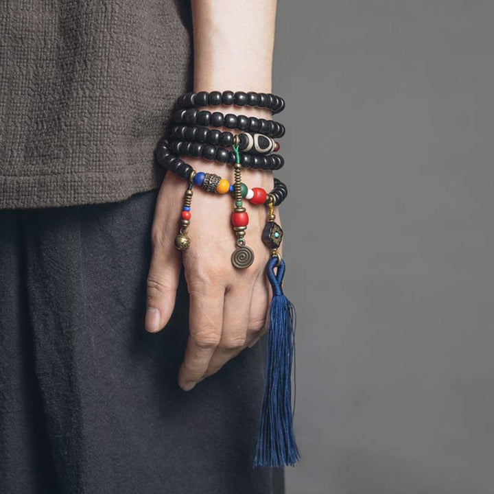Buddha Stones 108 Beads Mala Ebony Wood Dzi Bead Copper Balance Tassel Bracelet - image 3