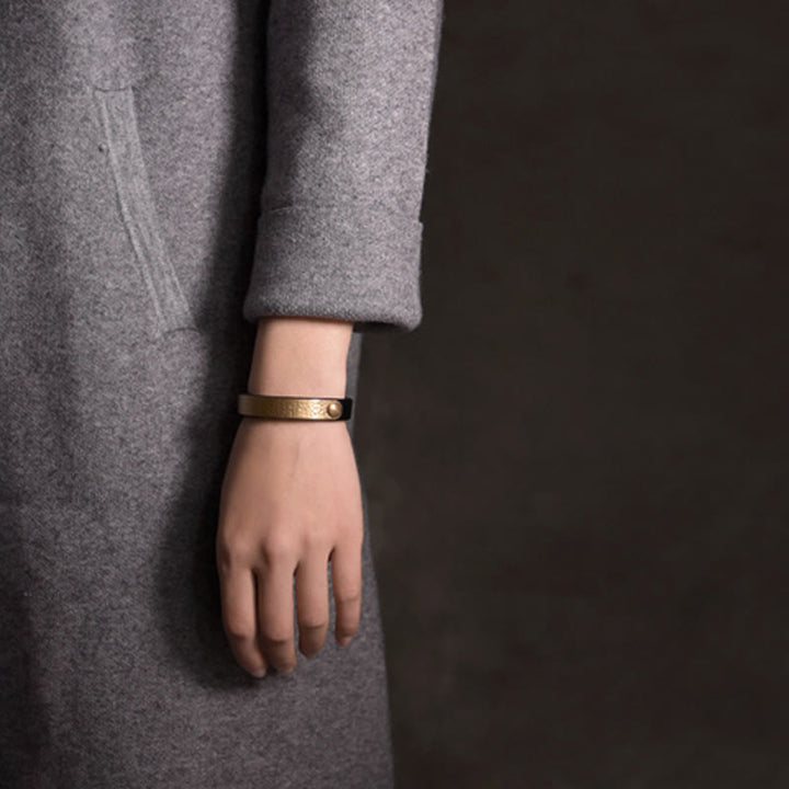 Buddha Stones Vintage Handmade Texture Copper Brass Leather Wealth Bracelet Bangle - image 20