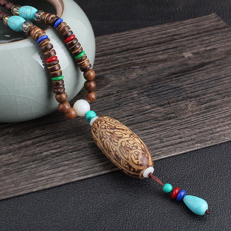 Buddha Stones Tibetan Wenge Wood Bodhi Seed Agate Balance Peace Necklace Pendant - Wenge Wood&Turquoise Thousand-Eyed Pattern Bodhi Seed - image 17