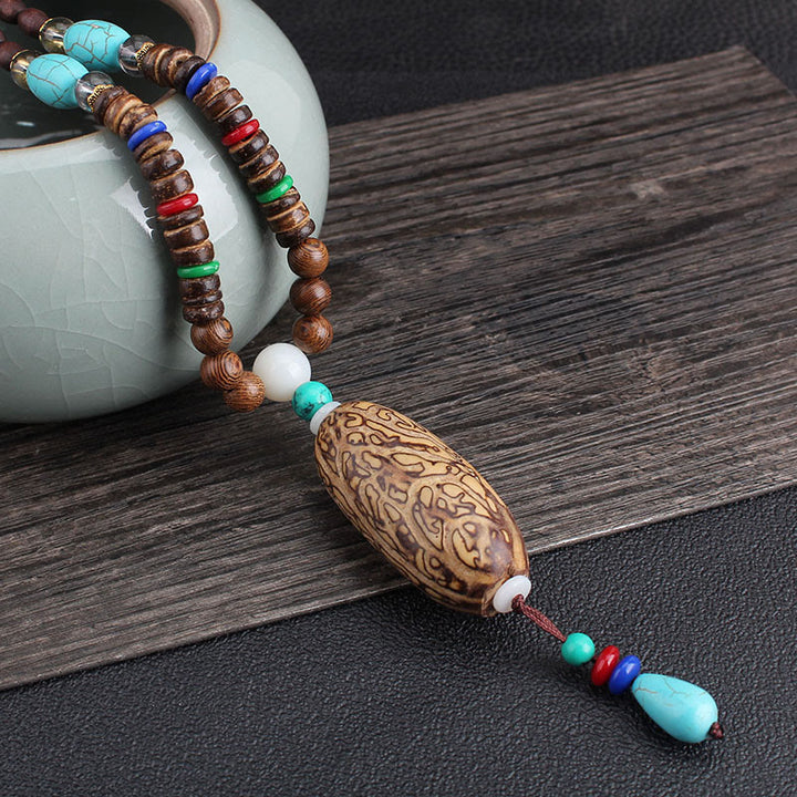 Buddha Stones Tibetan Wenge Wood Bodhi Seed Agate Balance Peace Necklace Pendant - Wenge Wood&Turquoise Thousand-Eyed Pattern Bodhi Seed - image 17