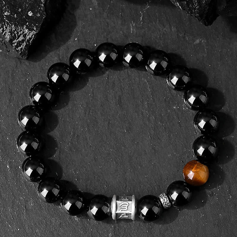Buddha Stones 999 Sterling Silver Black Obsidian Tiger Eye Om Mani Padme Hum Fulfillment Bracelet - image 1