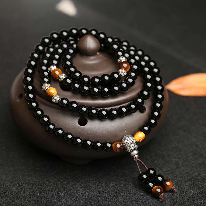 Buddha Stones Black Obsidian Tiger Eye Blessing Mala Bracelet - image 1