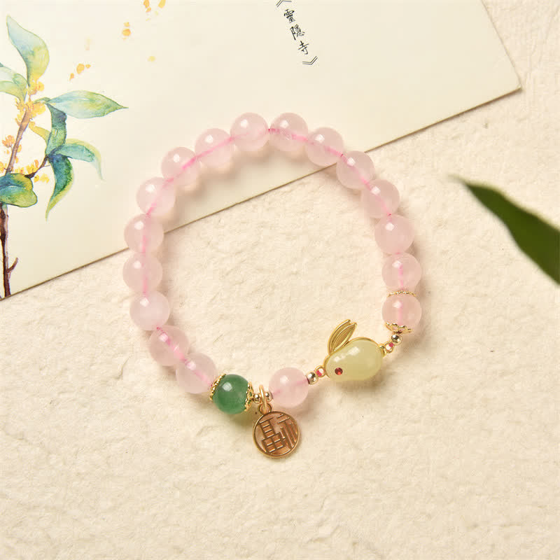Year of the Rabbit Natural Pink Crystal Green Agate Bunny Love Happiness Bracelet - image 6