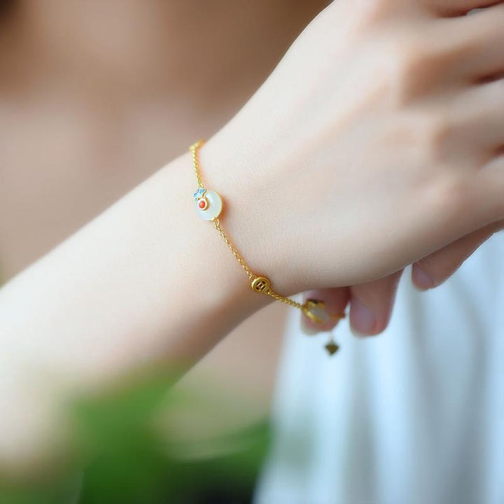 Buddha Stones Peace Buckle White Jade Luck Copper Bracelet - image 2