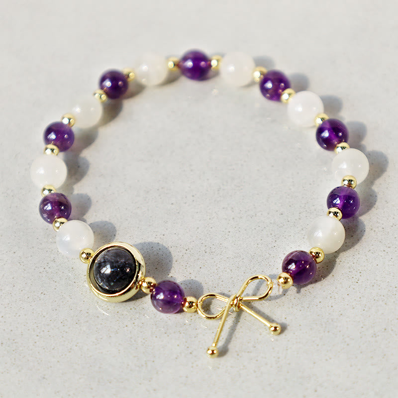 Buddha Stones Amethyst Cat Eye Black Rutilated Quartz Spiritual Bead Bracelet - Amethyst&Cat Eye - image 0