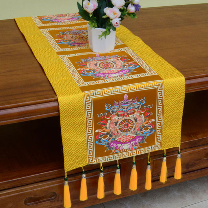 Buddha Stones Prayer Altar Mat Man-Bcu Kalachakra Endless Knot Vajra Tibetan Auspicious Symbols Tassels Table Runner - 8 Auspicious Symbols - Gold - 190*33cm - image 6