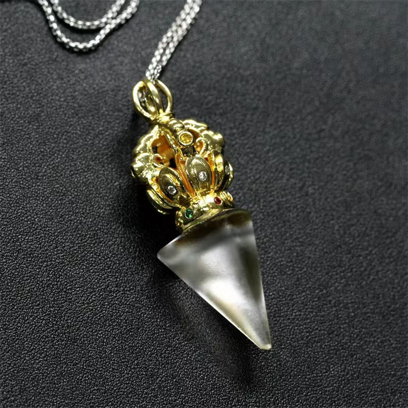 Buddha Stones Tibetan Dorje Vajra 4 Prong Lotus Liuli Crystal Strength Necklace Pendant - White Dorje - image 14