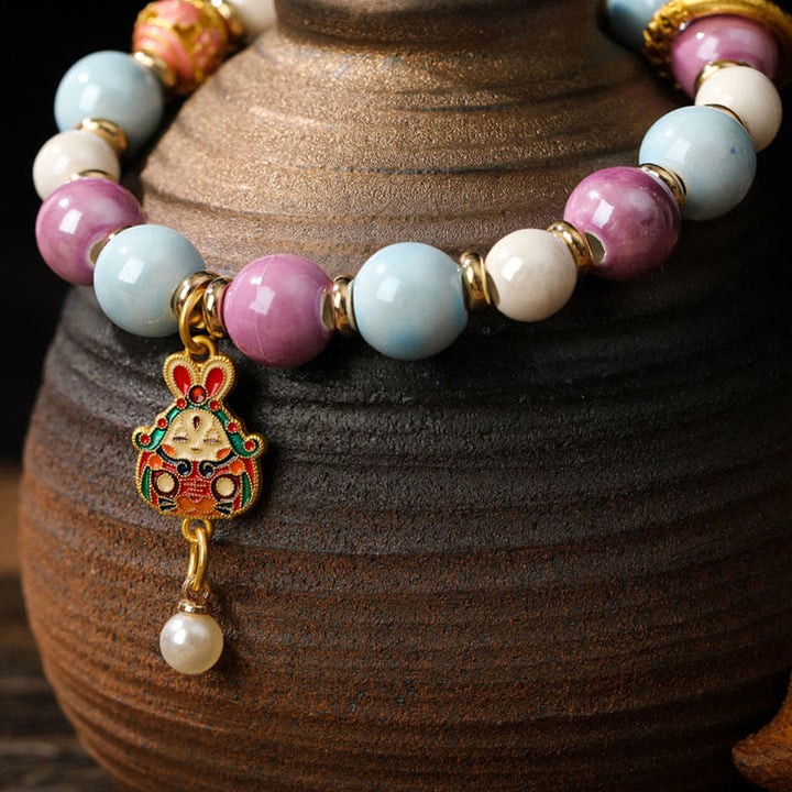 Buddha Stones Tibetan Zakiram Goddess of Wealth Rabbit Lion Head Charm Liuli Glass Incense Ash Porcelain Bead Protection Bracelet - image 3