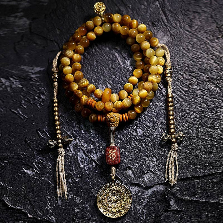 Buddha Stones 108 Mala Beads Natural Tiger Eye Copper Dorje Protection Tassel Bracelet - image 24