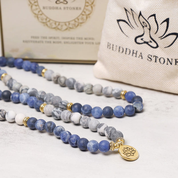 Buddha Stones 108 Natural Picasso Jasper & Blue Stone Mala Bead Lotus Pendant Bracelet - image 4
