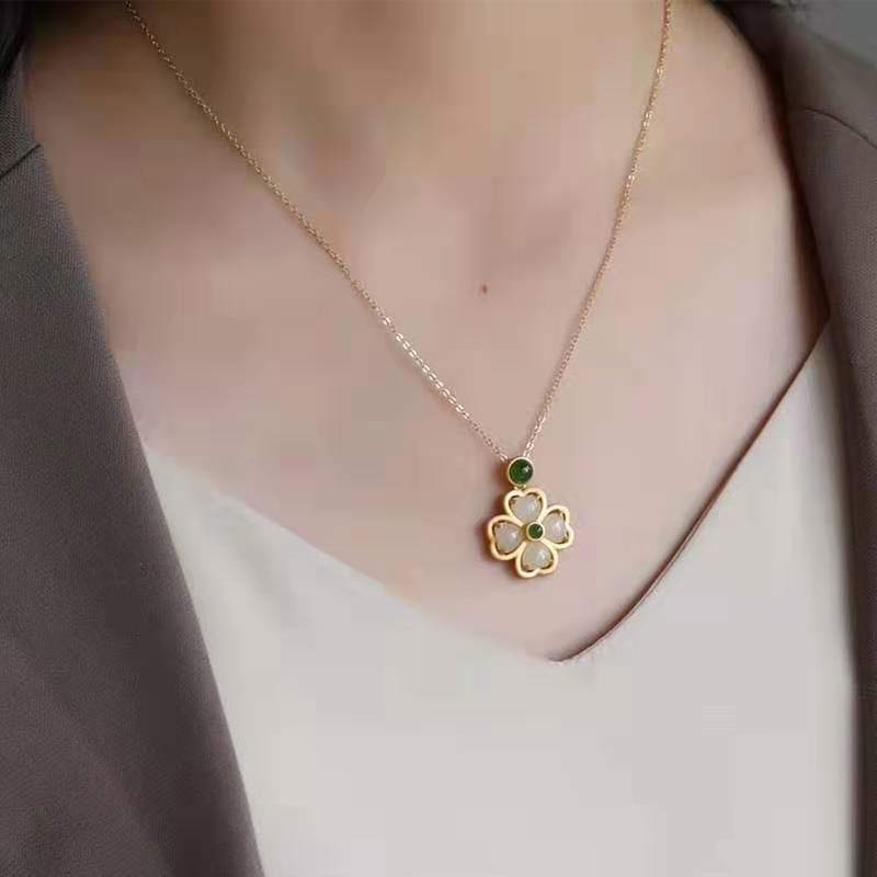 Buddha Stones 925 Sterling Silver Lucky Four Leaf Clover Jade Prosperity Necklace Chain Pendant - image 6