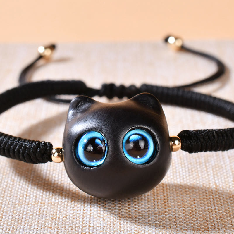 Buddha Stones Ebony Wood Cat Head Pattern Peace King Kong Knot Braided Bracelet - image 15