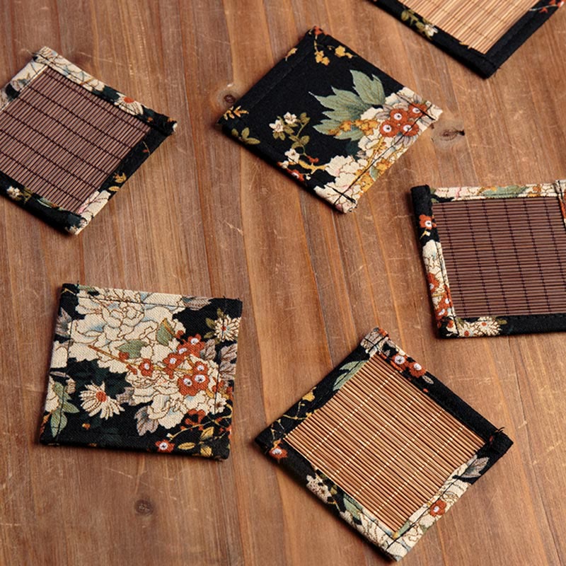 Buddha Stones Vintage Peony Flower Blossom Bamboo Cup Mat Pad Tea Cup Coaster Kung Fu Tea Mat - image 16