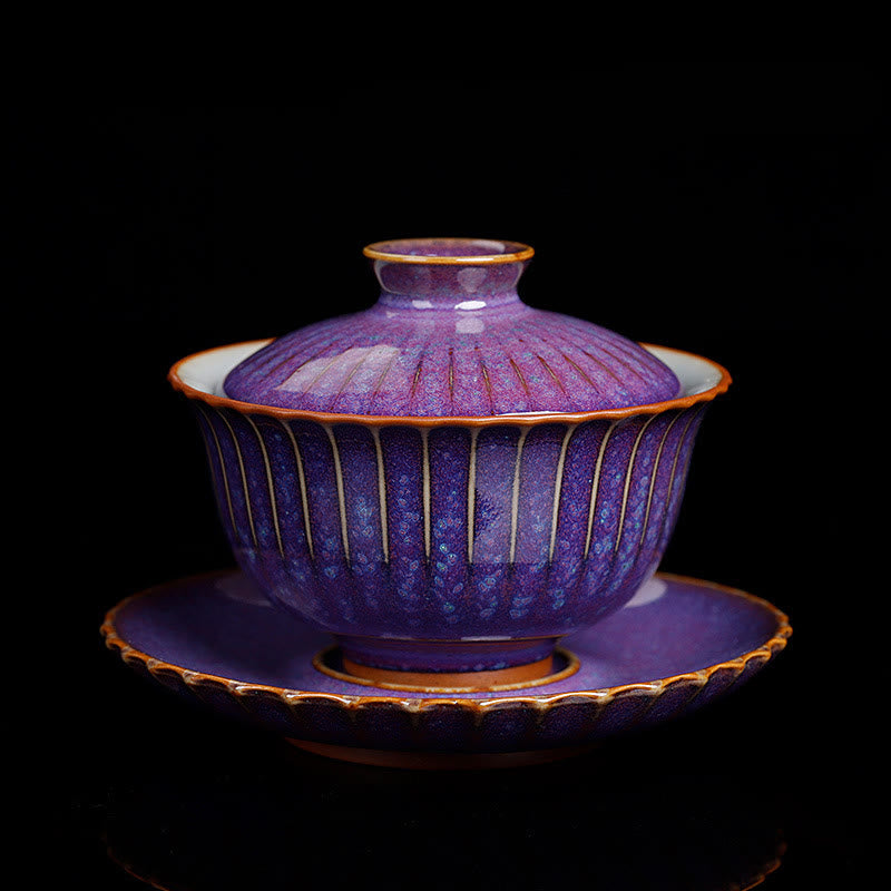 Buddha Stones Retro Glaze Kiln Change Ceramic Gaiwan Sancai Teacup Kung Fu Tea Cup And Saucer With Lid - Purple STYLE (COLOR & GLAZE MAY VARY) - 11.5cm*8.5cm*140ml - image 0