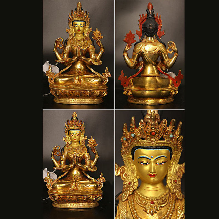 Buddha Stones Bodhisattva Tara Chenrezig Four-armed Avalokitesvara Protection Copper Gold Plated Statue Decoration - image 7