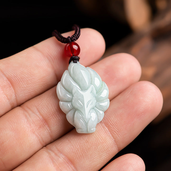 Buddha Stones Natural Jade Nine Tailed Fox Luck Prosperity Necklace Pendant - image 3