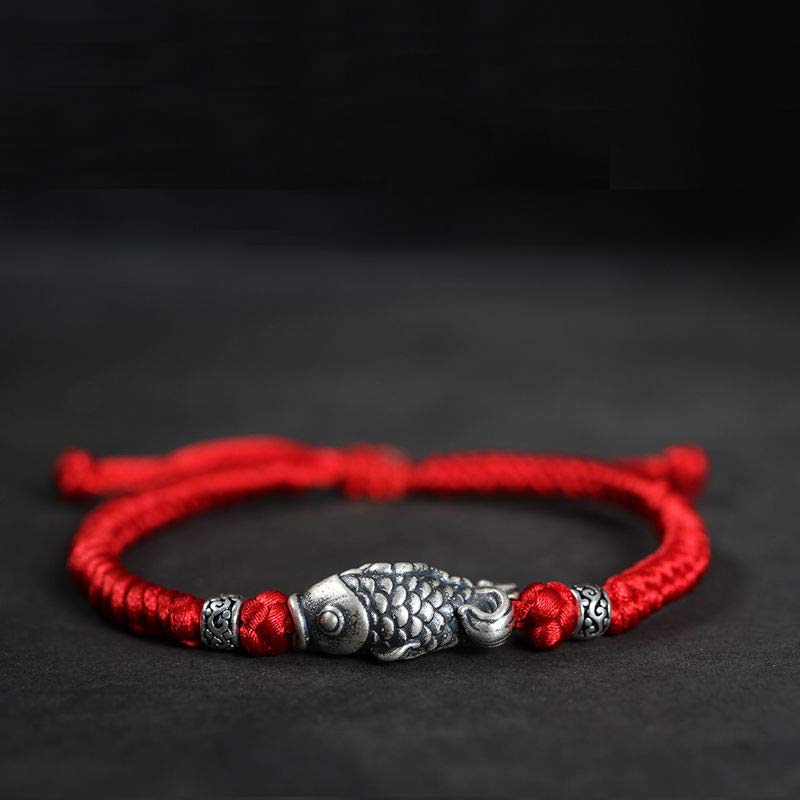 Buddha Stones Silver Luck Koi Fish Braided String Bracelet - Red(Wrist Circumference 14-20cm) - image 0