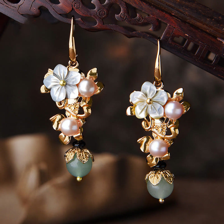 Buddha Stones 14K Gold Plated Tridacna Stone Flower Pearl Green Aventurine Bead Drop Earrings - Gray Tridacna Stone Flower Pearl Light Green Bead - image 0