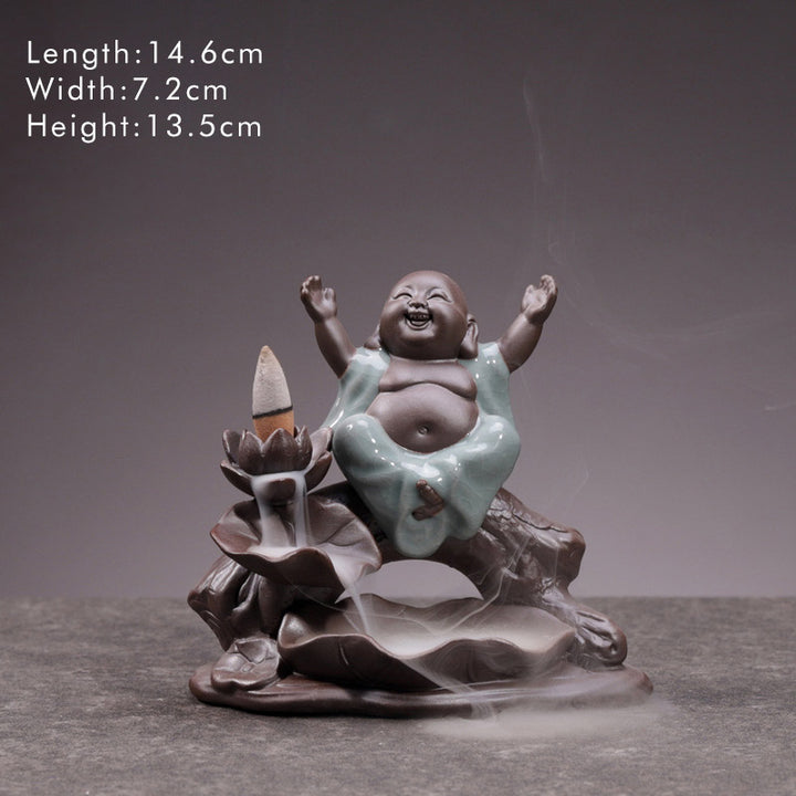 Buddha Stones Little Monk Ceramic Lotus Blessing Incense Burner Decoration - Fortune Buddha - image 1
