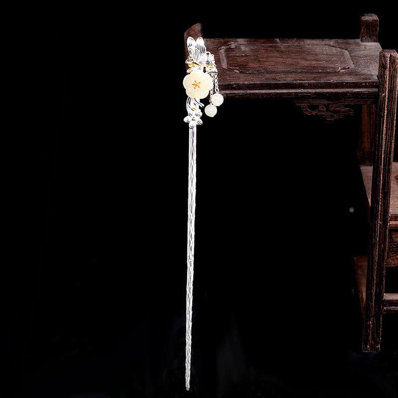 Buddha Stones 925 Sterling Silver Hetian White Jade Flower Blessing Hairpin - image 13