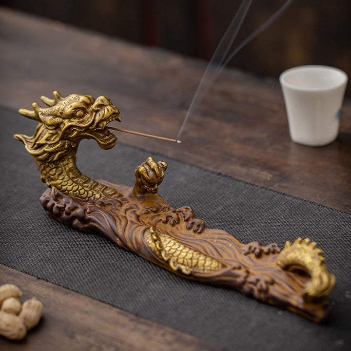 Buddha Stones Dragon Protection Ceramic Stick Incense Burner Decoration - Gold Brown - image 0