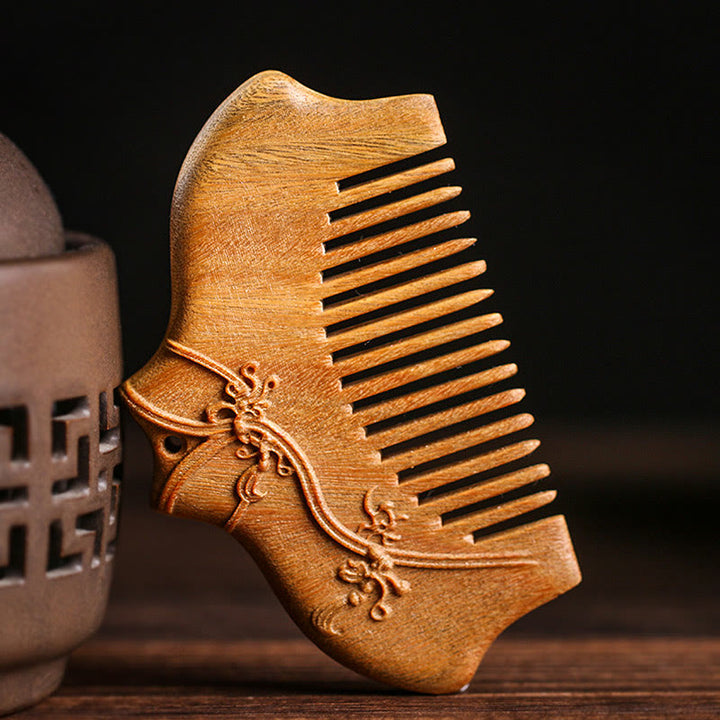 Buddha Stones Green Sandalwood Flower Pattern Engraved Soothing Comb - image 3