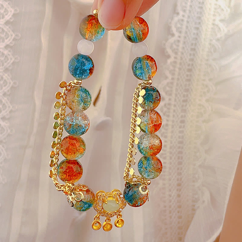 Buddha Stones Colorful Liuli Glass Bead Chinese Lock Charm Fortune Bracelet - image 1