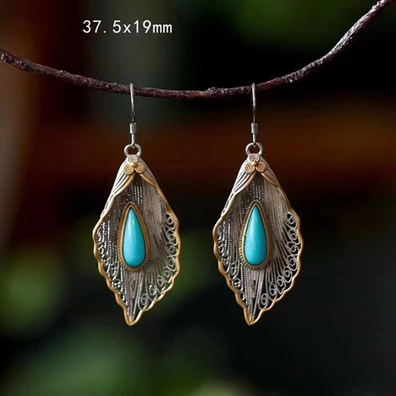 Buddha Stones 925 Sterling Silver Turquoise Bodhi Leaf Pattern Protection Drop Dangle Earrings - image 14