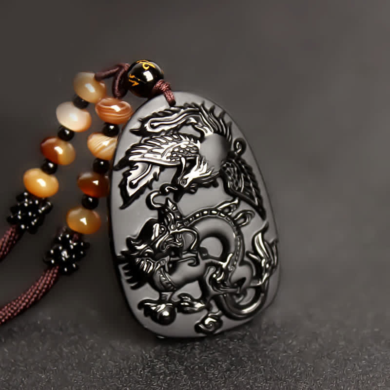 Buddha Stones Black Obsidian Tiger Eye Dragon Phoenix Protection Beaded Necklace Pendant - image 1