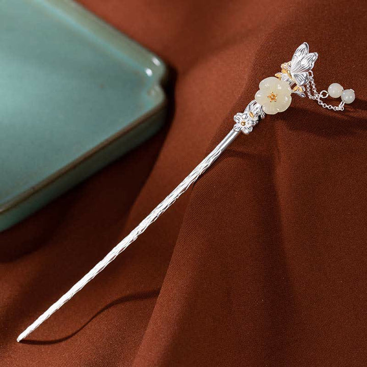 Buddha Stones 925 Sterling Silver Hetian White Jade Flower Blessing Hairpin - image 14