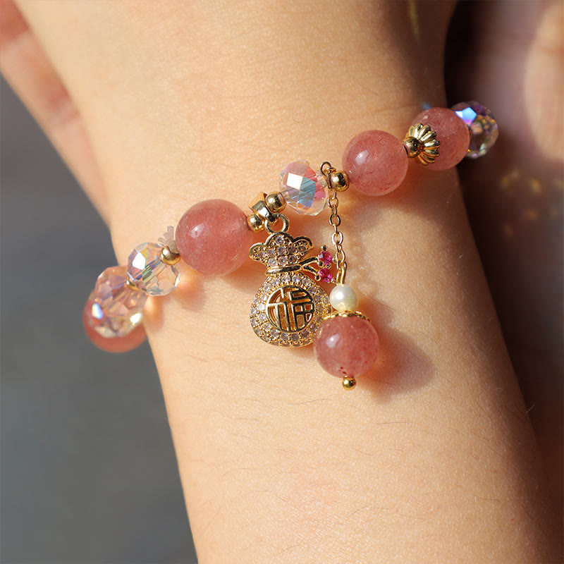 Buddha Stones Natural Strawberry Quartz Crystal Money Bag Charm Positive Bracelet - image 2