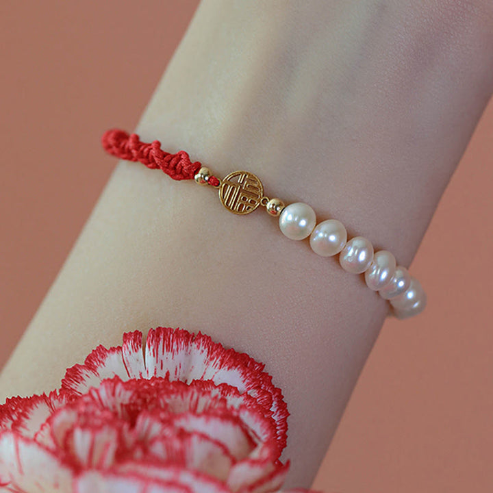 Buddha Stones 14K Gold Plated Pearl Bead Luck Protection Braid Red String Bracelet - image 17