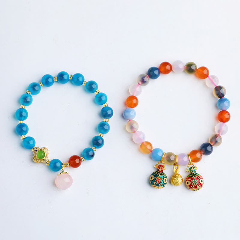 Buddha Stones Colorful Candy Agate Gold Swallowing Beast Family Peach Harmony Charm Bracelet - image 0