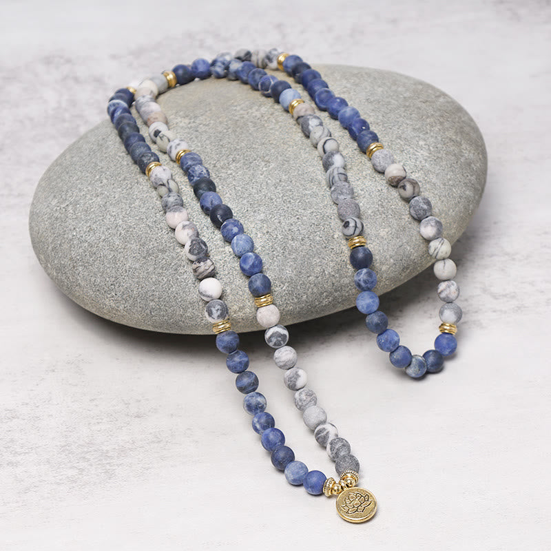 Buddha Stones 108 Natural Picasso Jasper & Blue Stone Mala Bead Lotus Pendant Bracelet - image 3