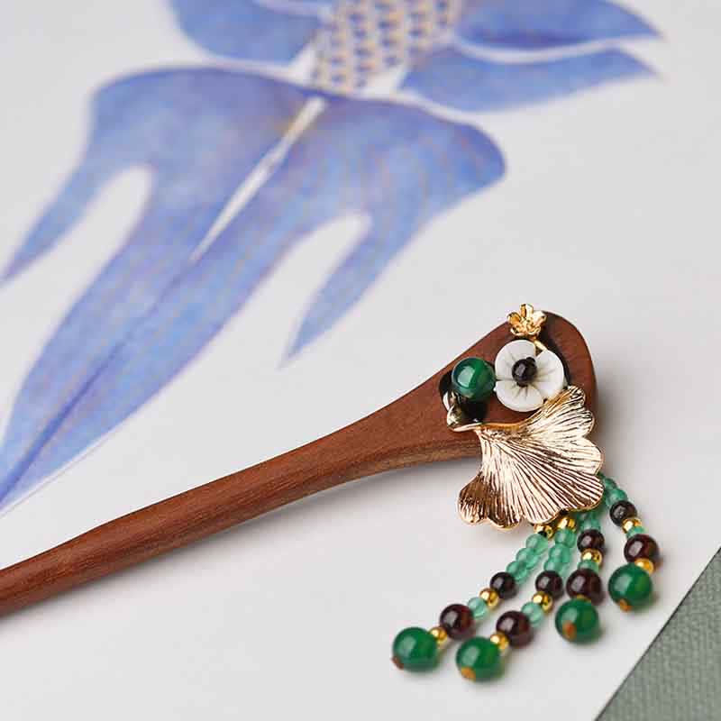 Red Sandalwood Green Agate Ginkgo Leaf Protection Hairpin - image 6
