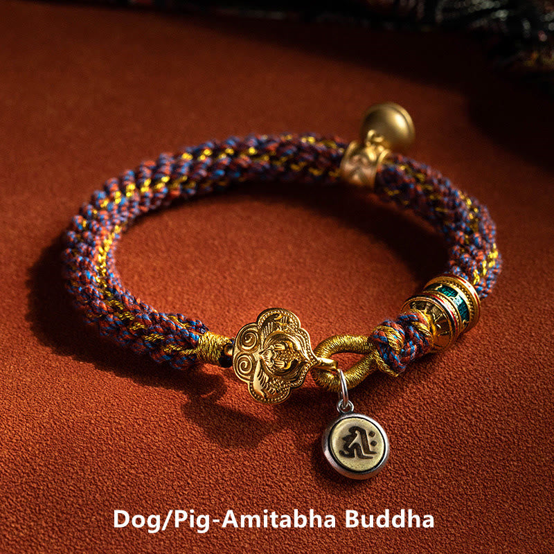 Buddha Stones 925 Sterling Silver Chinese Zodiac Natal Buddha Om Mani Padme Hum Luck Bell Braided String Bracelet - Dog/Pig-Amitabha Buddha - 17-19cm - image 18