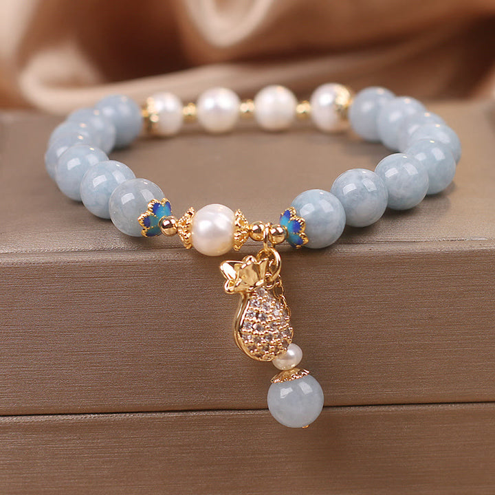 Buddha Stones Aquamarine Pearl Fortune Money Bag Charm Bracelet - image 4