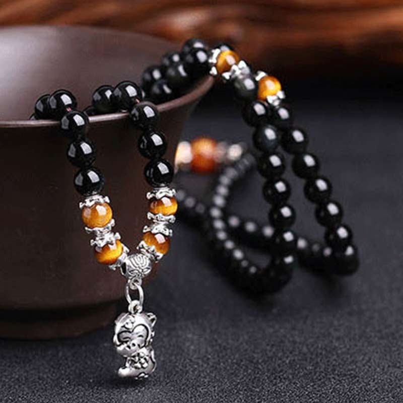 Chinese Zodiac 108 Beads Black Obsidian Tiger Eye Fortune Mala Bracelet - image 3