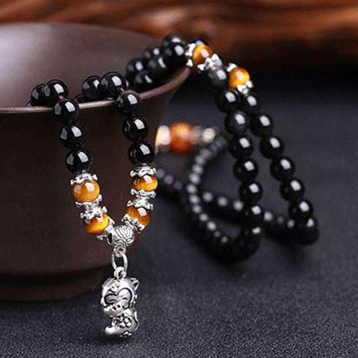 Chinese Zodiac 108 Beads Black Obsidian Tiger Eye Fortune Mala Bracelet - image 3