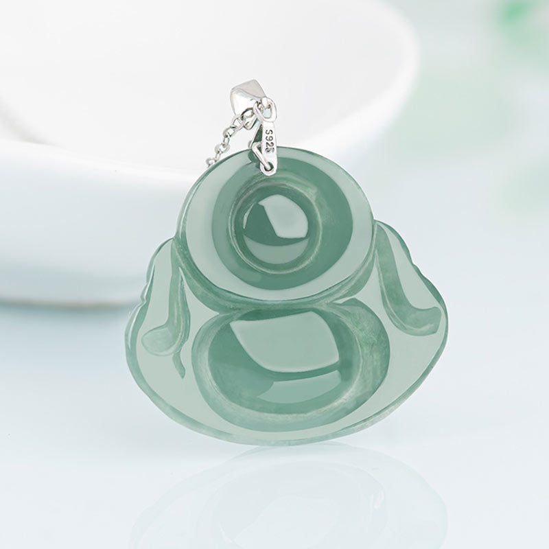 Buddha Stones Laughing Buddha Jade Protection Calm Titanium Steel Chain Necklace Pendant - image 6