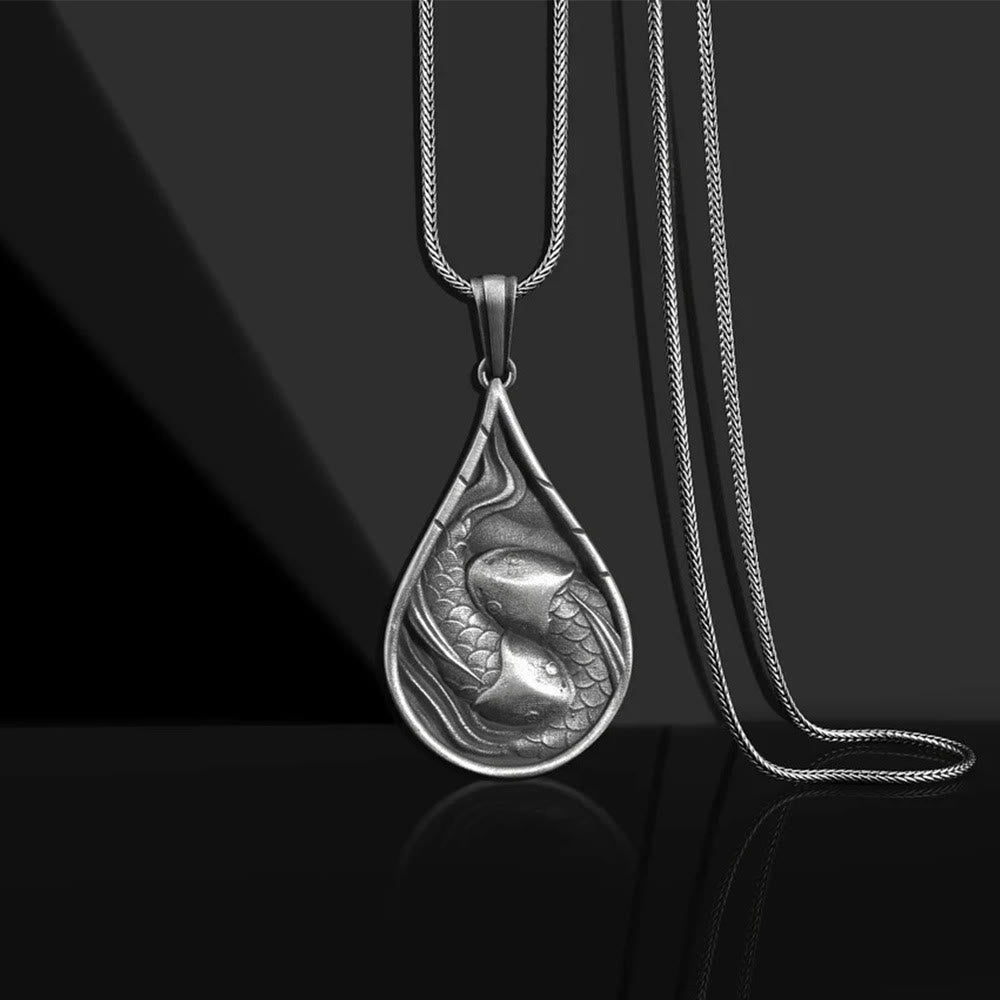 Buddha Stones Double Lucky Koi Fish Prosperity Pure Tin Water Drop Pattern Necklace Pendant - Koi Fish Pendant&Keel Chain - image 0