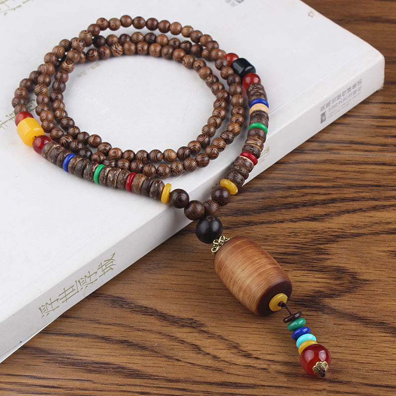 Buddha Stones Tibetan Wenge Wood Bodhi Seed Agate Balance Peace Necklace Pendant - Wenge Wood&Brown Cylinder - image 14