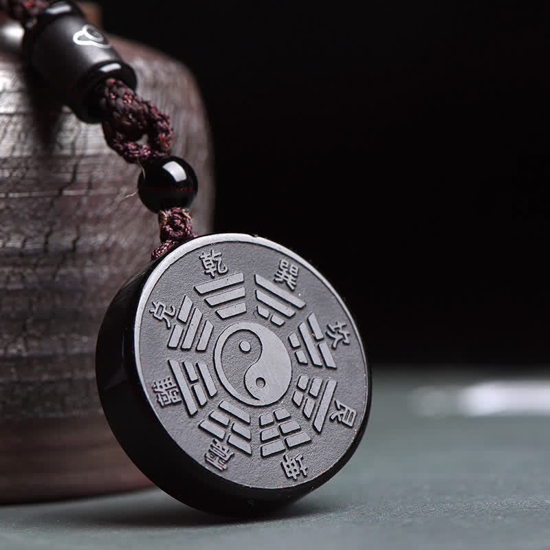 Buddha Stones Black Obsidian Bagua Yin Yang Strength Necklace Pendant - Black Obsidian (Purification ♥ Transformation) - image 0
