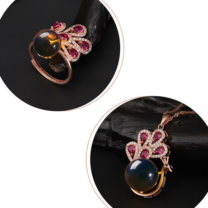 Peacock Amber Fortune Love Necklace Pendant Ring - image 5