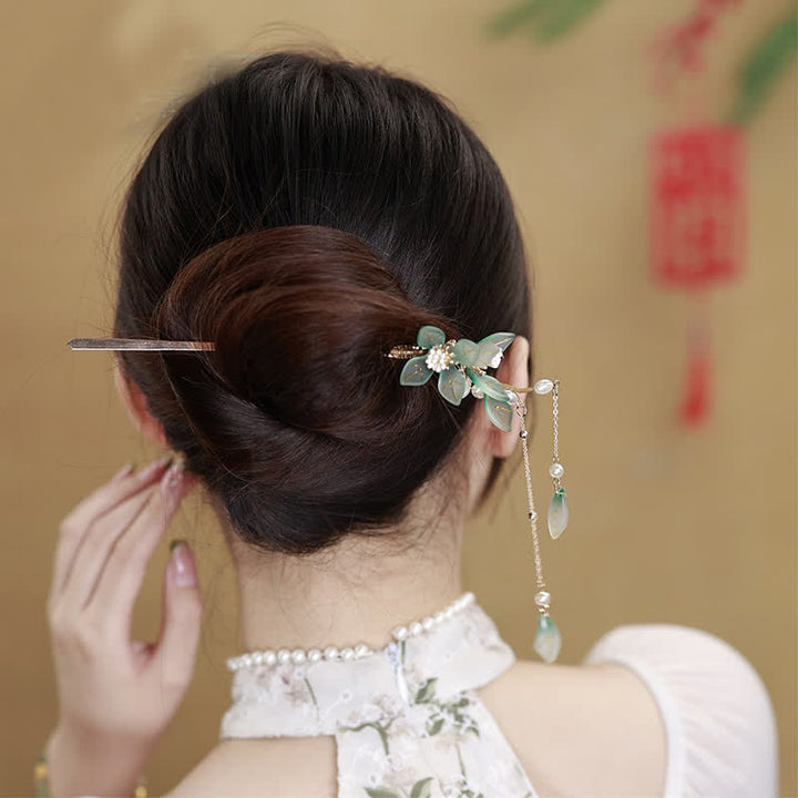 Flower Leaf Pearl Peace Tassel Hairpin - image 3