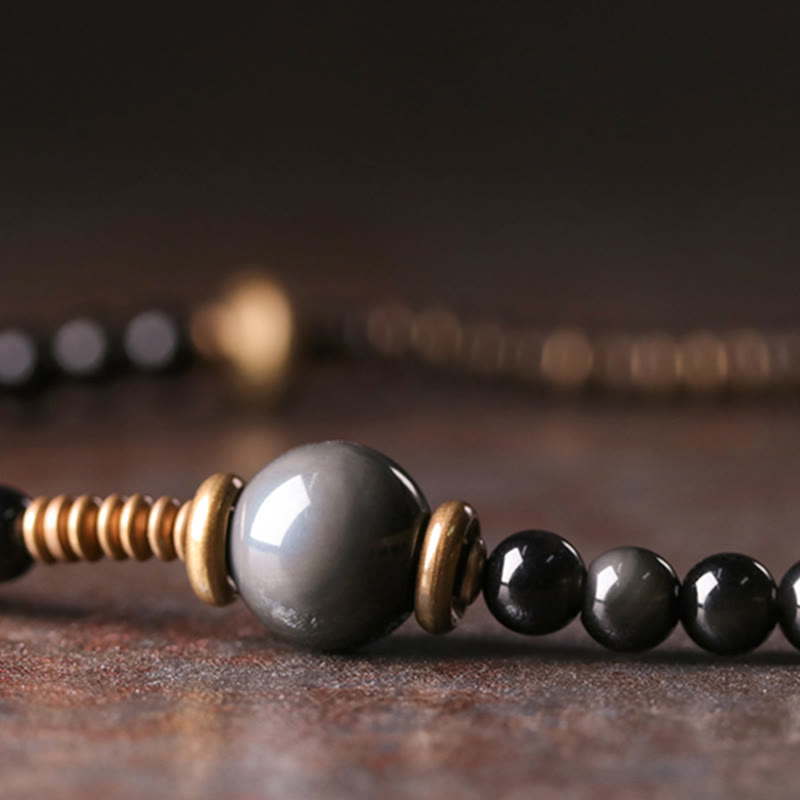 Buddha Stones Rainbow Obsidian Ebony Wood Copper Positive Multilayer Bracelet - image 4