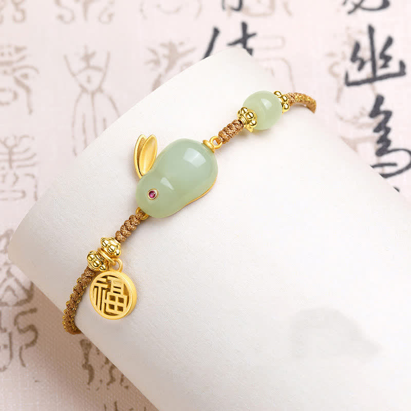 Buddha Stones Year of the Rabbit Hetian Jade Happiness Blessing Wealth String Bracelet - image 1