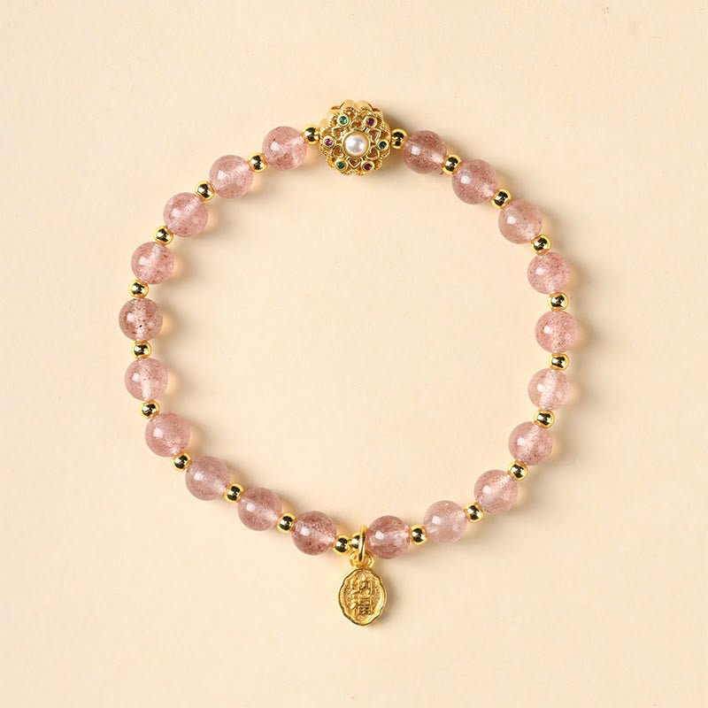 Buddha Stones 14K Gold Plated Natural Strawberry Quartz Labradorite Sun Stone Fu Character Positive Charm Bracelet - image 1